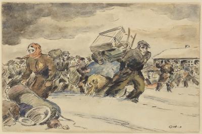 Ben-Zion (Nolik) Schmidt (1925-1944) The Evacuation, Kovno Ghetto, 1942 Watercolor and ink on paper 9.1x14 cm Collection of the Yad Vashem Art Museum, Jerusalem Tory Collection, gift of Pnina and Avraham Tory